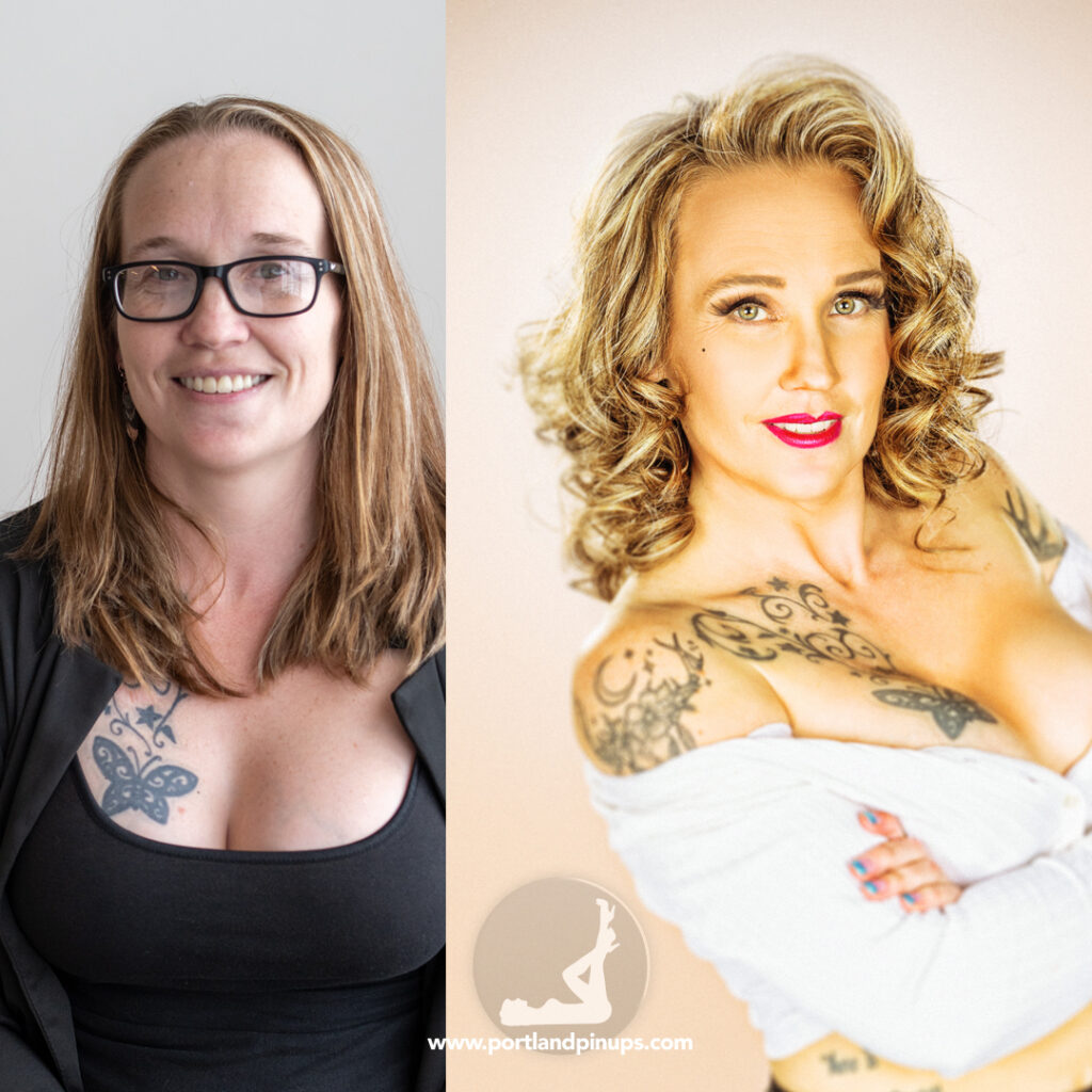 Side-by-side comparison of a woman before and after a glamorous makeover, featuring styled hair, makeup, and a confident pose.