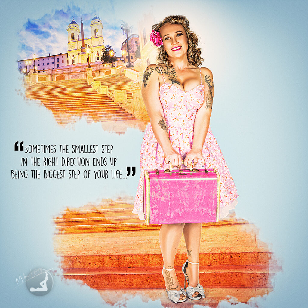 Smiling woman in a pink dress holds a suitcase, standing before painted Spanish Steps, with motivational quote about taking steps in the right direction.