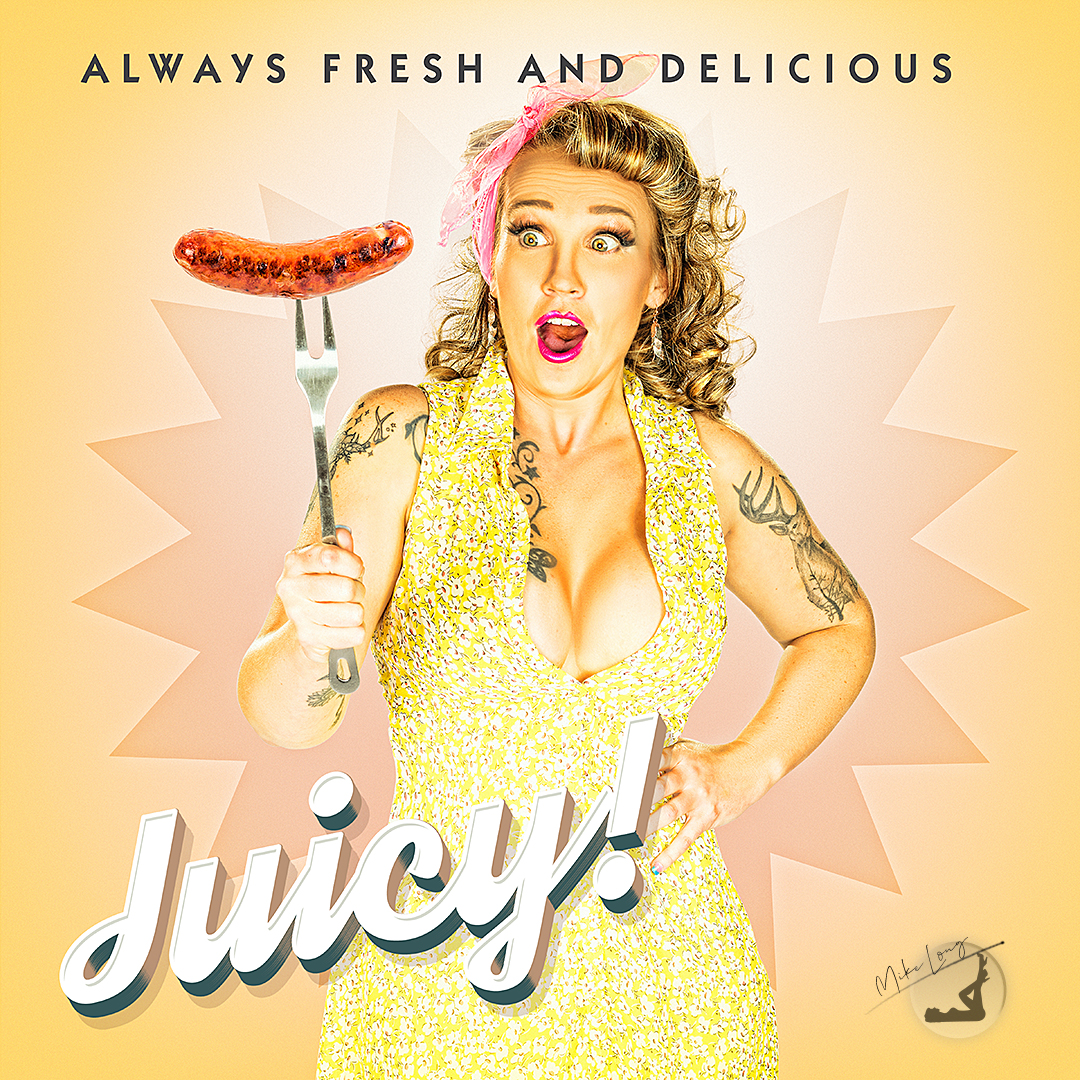 A surprised woman in a yellow dress holds a fork with sausage. Text reads "Always fresh and delicious" and "Juicy!" on a yellow background.