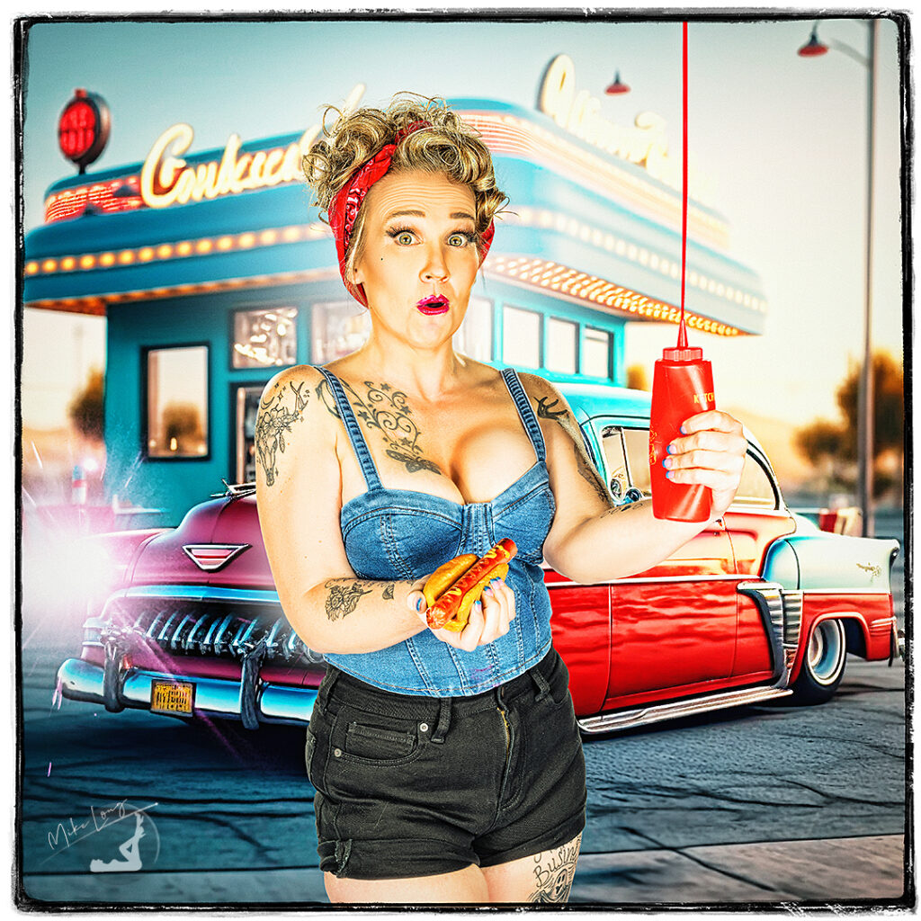 A surprised woman in retro attire holds a hot dog and ketchup bottle in front of a classic diner and vintage red car, evoking a 1950s Americana vibe.