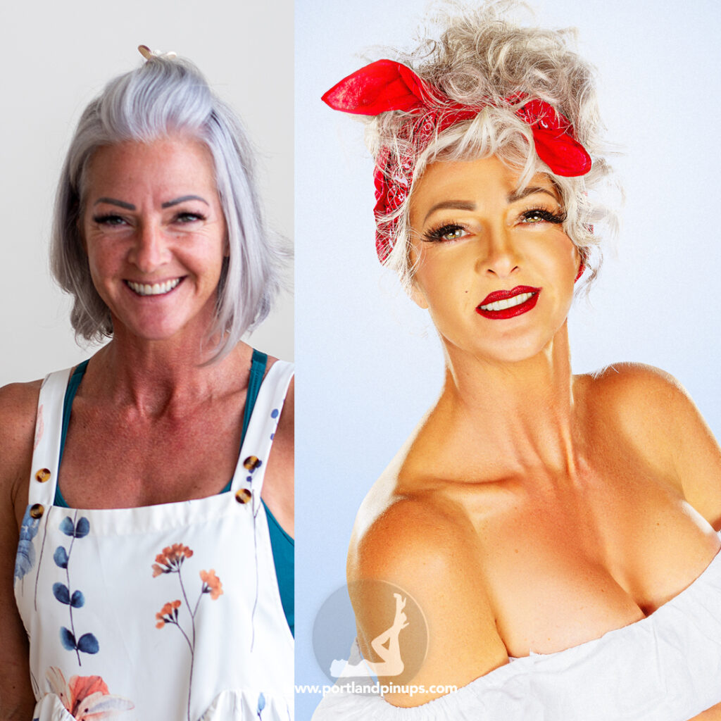 Side-by-side portraits of a woman before and after a glamorous pinup-style makeover, featuring bright makeup and a red headscarf.