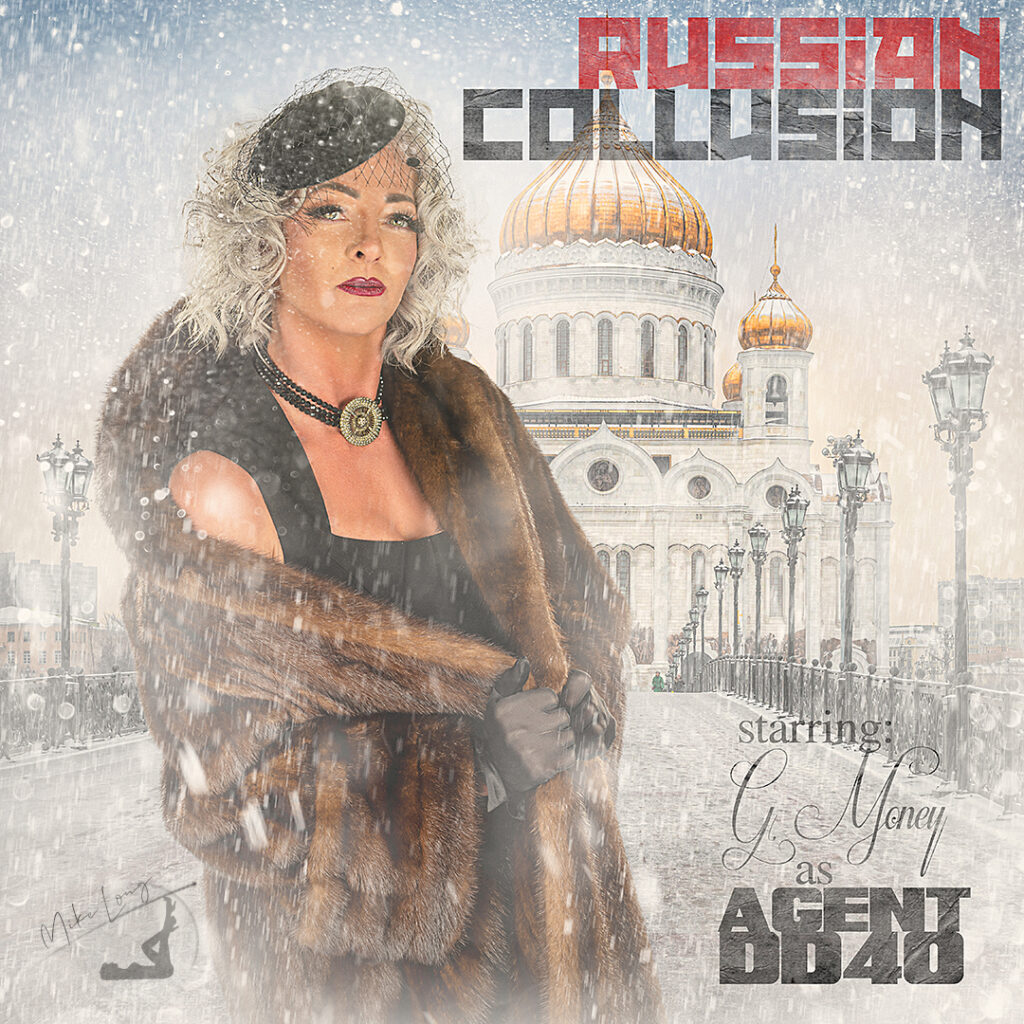 Woman in vintage fur coat poses in snowy Moscow; "Russian Collusion" film poster text, cathedral background, styled as retro spy movie cover.