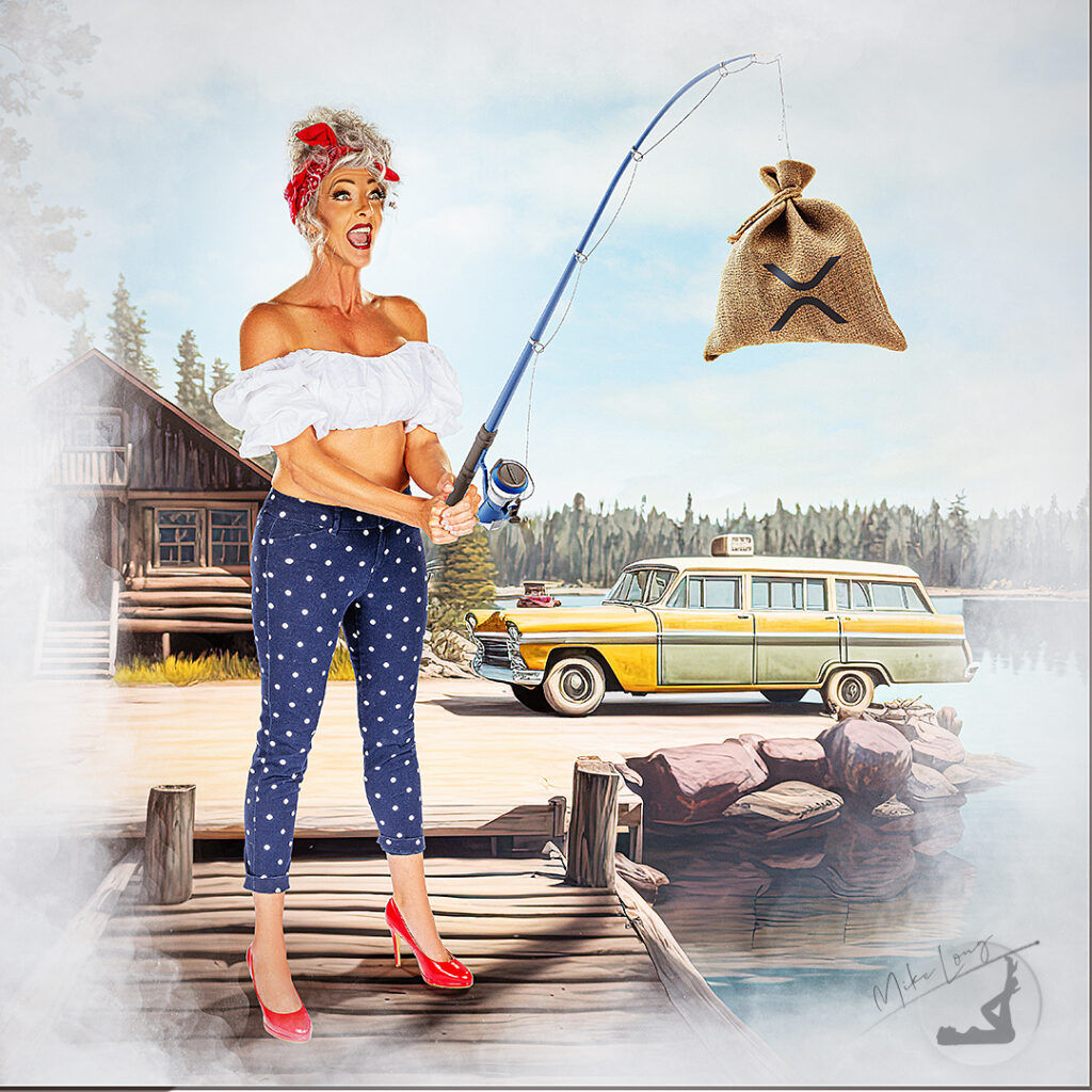 Woman in retro outfit fishing on a dock, holding a rod with a money bag hanging, vintage car and cabin in the background.