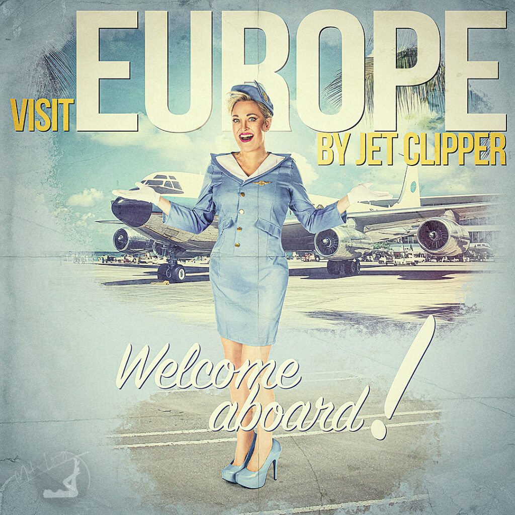 Vintage airline poster with flight attendant in blue uniform, airplane in background, and large text: "Visit Europe by Jet Clipper. Welcome aboard!"