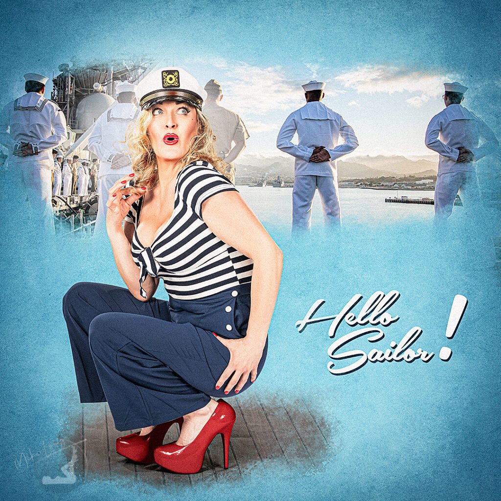 A woman in retro sailor attire poses on a deck, with a naval scene and sailors in the background. "Hello Sailor!" is written beside her.
