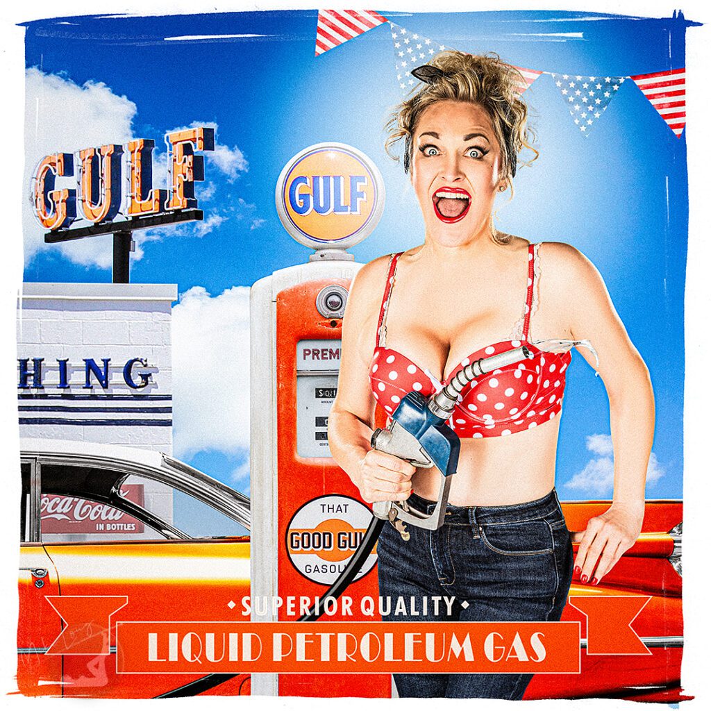 Woman in polka dot top holds gas pump nozzle, standing by vintage Gulf gas station with bright signage, blue sky, and festive flags. Text reads "Liquid Petroleum Gas."