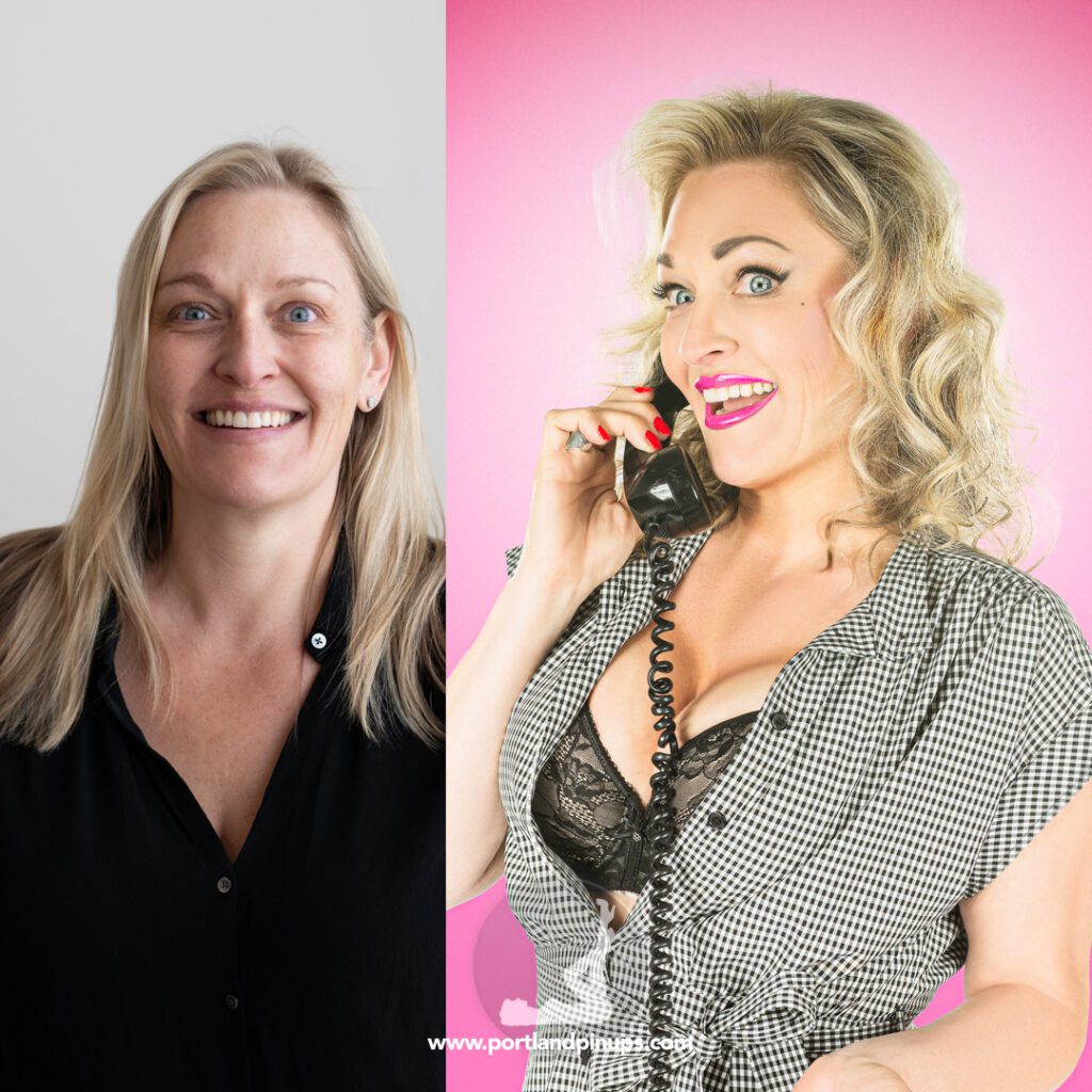 Side-by-side portraits: left, a smiling woman in casual attire; right, the same woman with glamorous makeup, styled hair, vintage outfit, and holding a phone against a pink background.