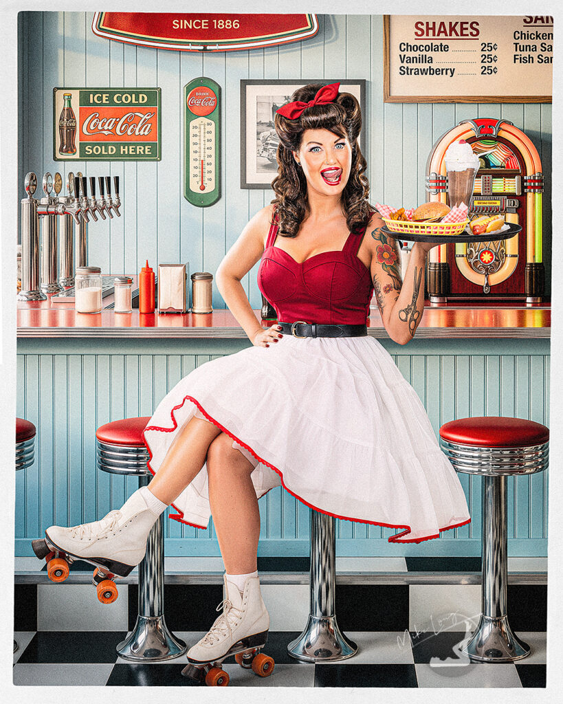 Woman in retro diner outfit on roller skates, holding a tray with burger, fries, and milkshake, sitting on a stool in a vintage-style diner.